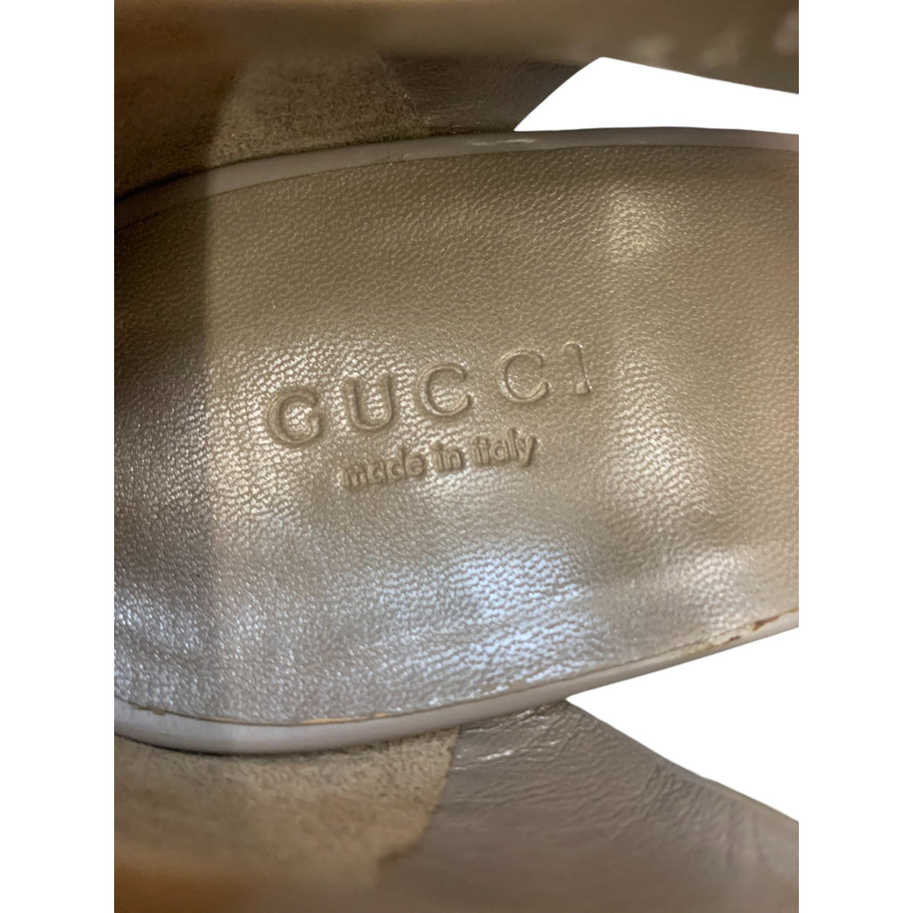 GUCCI Clemence Wooden Platform Wedges Peep Toe SZ EU 38.5