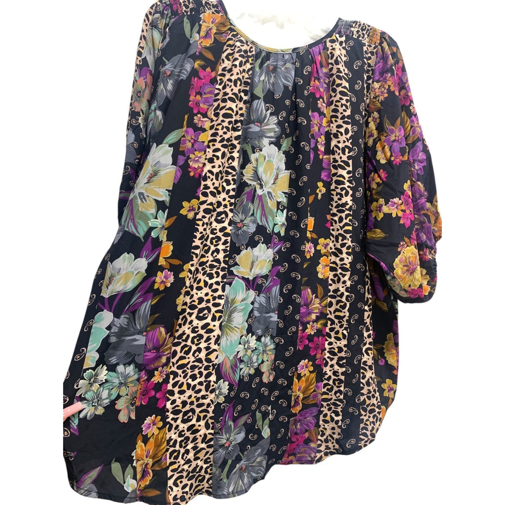 Johnny Was Zane Silk Easy Blouse Blend Patchwork Floral Leopard XL Black Multi