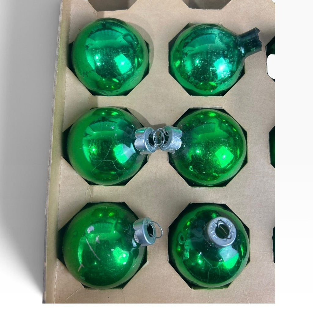Vintage Holly Green Glass Christmas Ornaments Set of 10 Made in USA #175