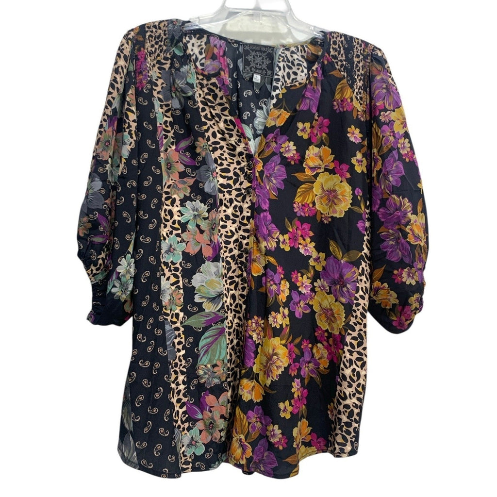 Johnny Was Zane Silk Easy Blouse Blend Patchwork Floral Leopard XL Black Multi