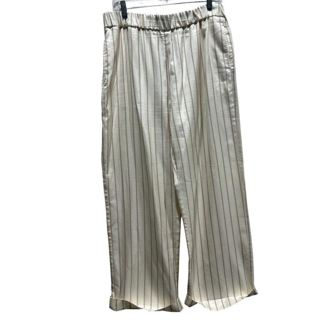 Jenni Kayne Striped Wide Leg Pull On Pants Ivory Tan Cuffed Size M