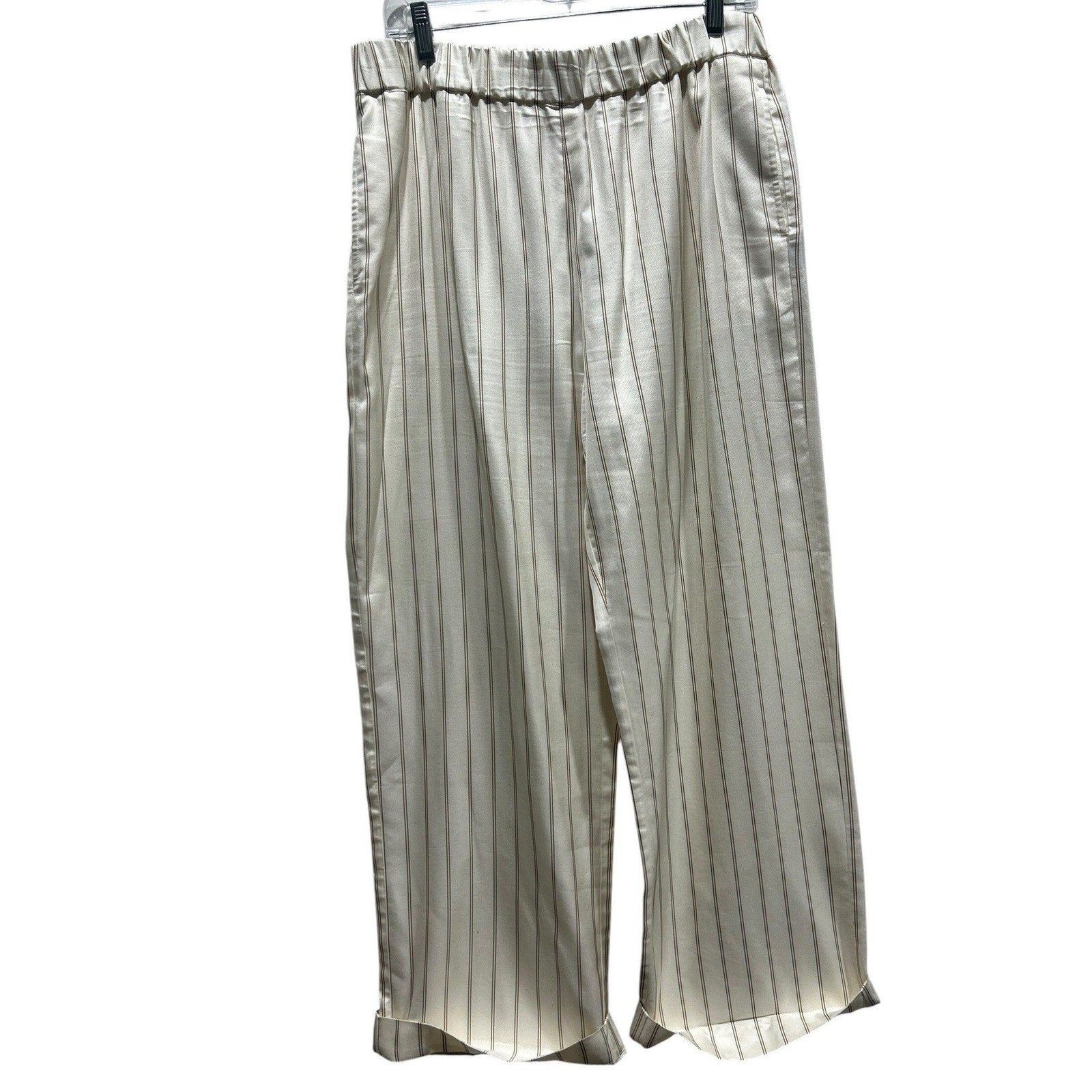 Jenni Kayne Striped Wide Leg Pull On Pants Ivory Tan Cuffed Size M