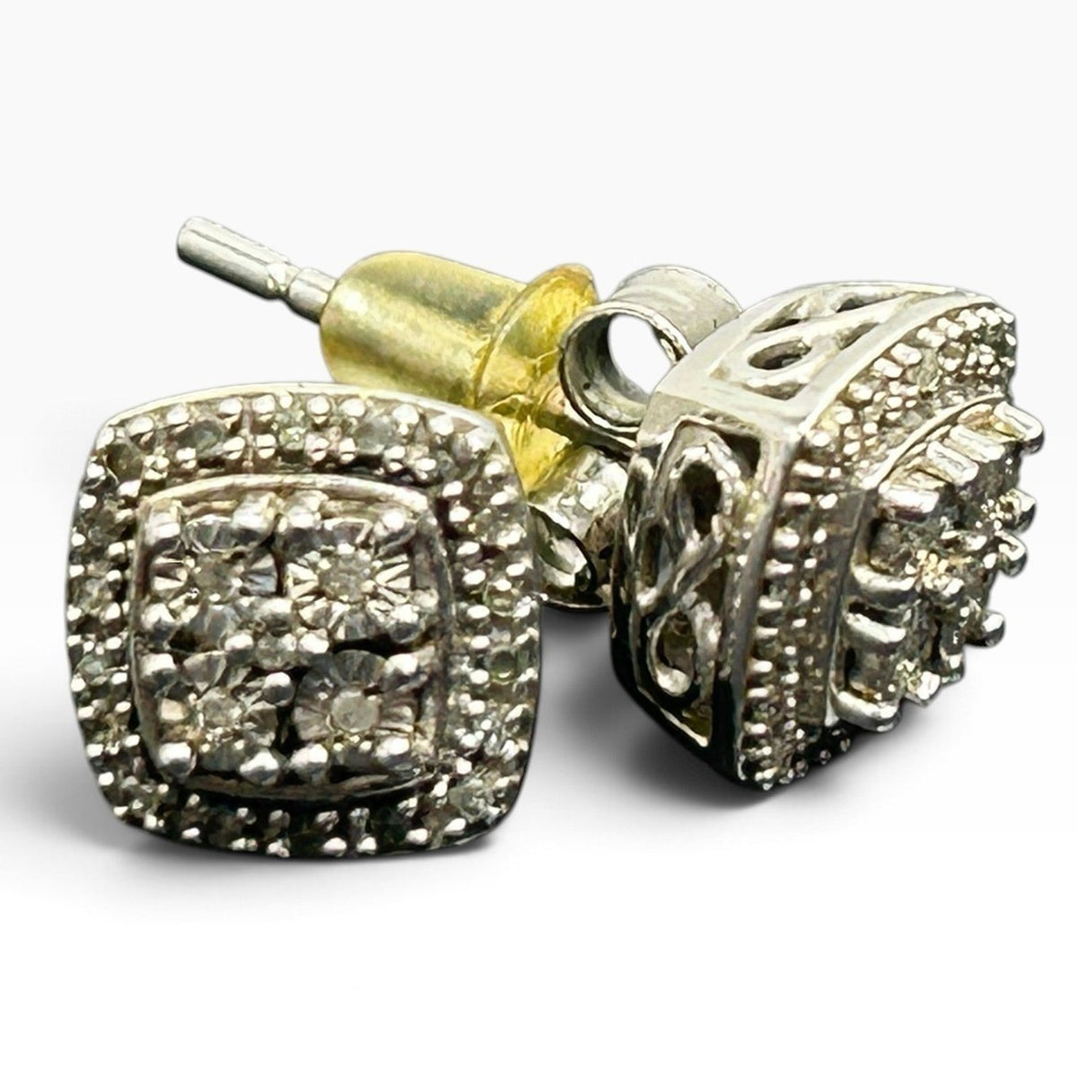 SK9 Sterling Silver 925 Genuine Diamond Square Halo Stud Earrings 2g