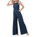 Pact Womens Blue navy Organic Cotton Smocked Wide Leg Jumpsuit Size L Pockets