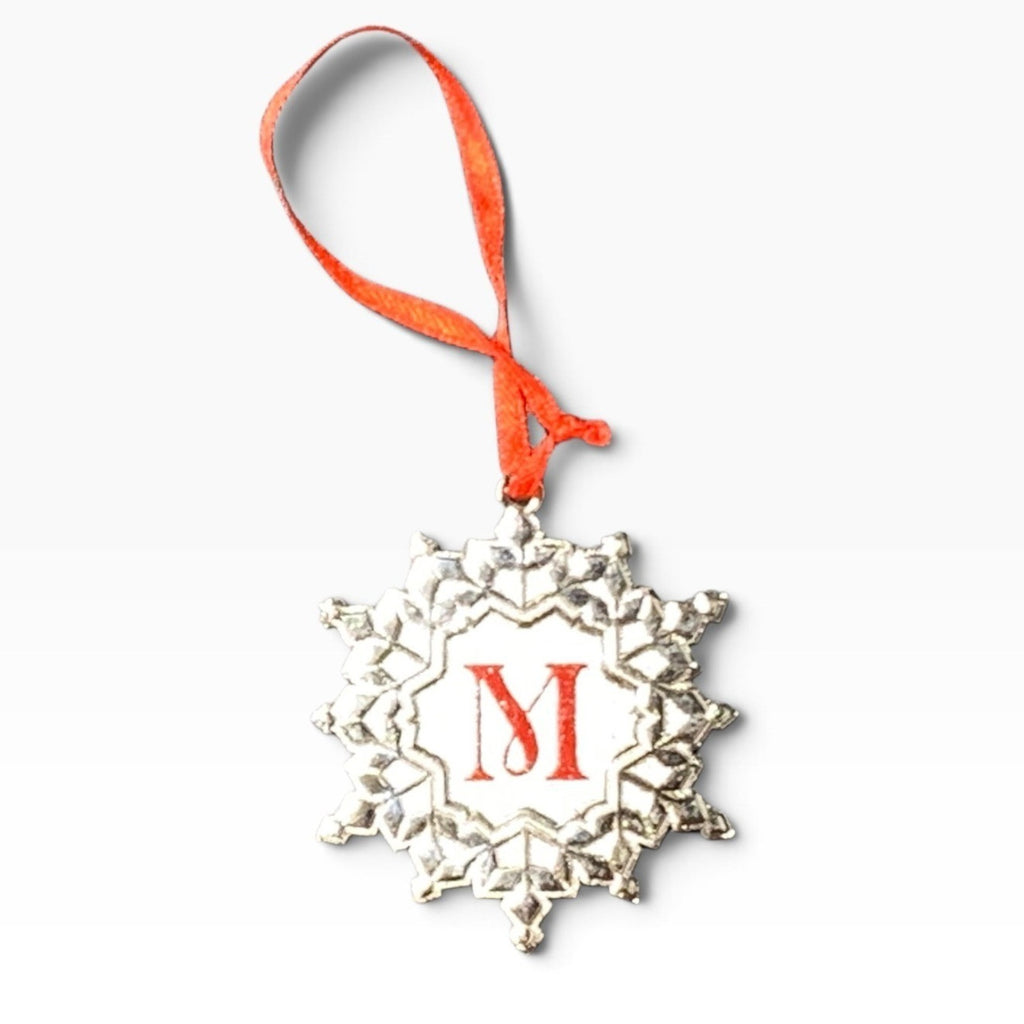 Hallmark Monogram Silver Metal Snowflake Christmas Ornament Red Ribbon Charming