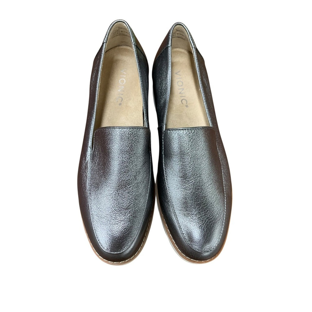 Vionic Kensley Metallic Silver Leather Platform Loafers Size 6 Women's