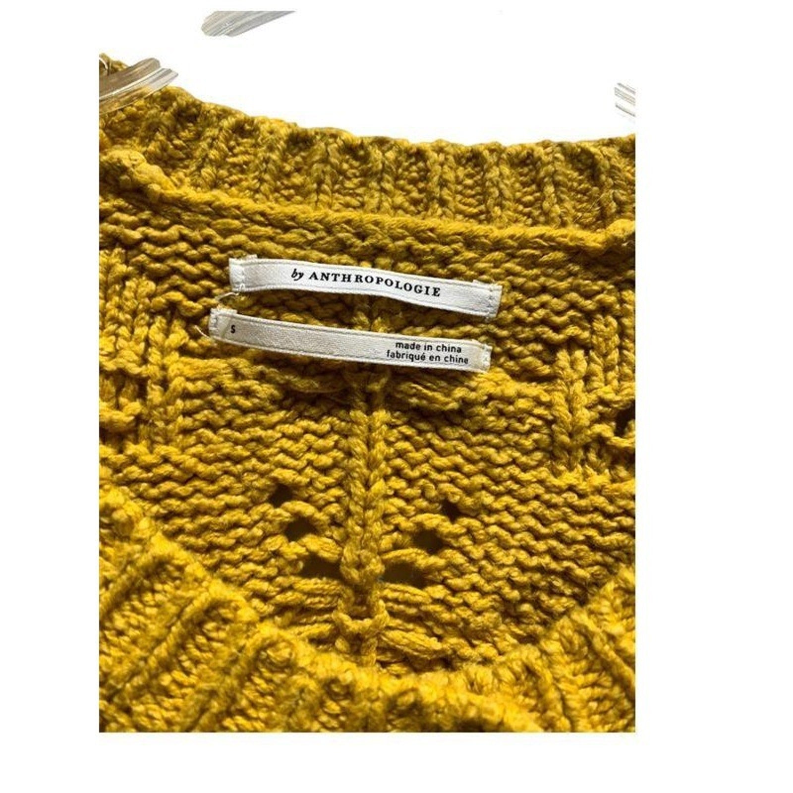 Anthropologie Mustard Yellow Cable Knit Puff Sleeve Cardigan Sweater Small