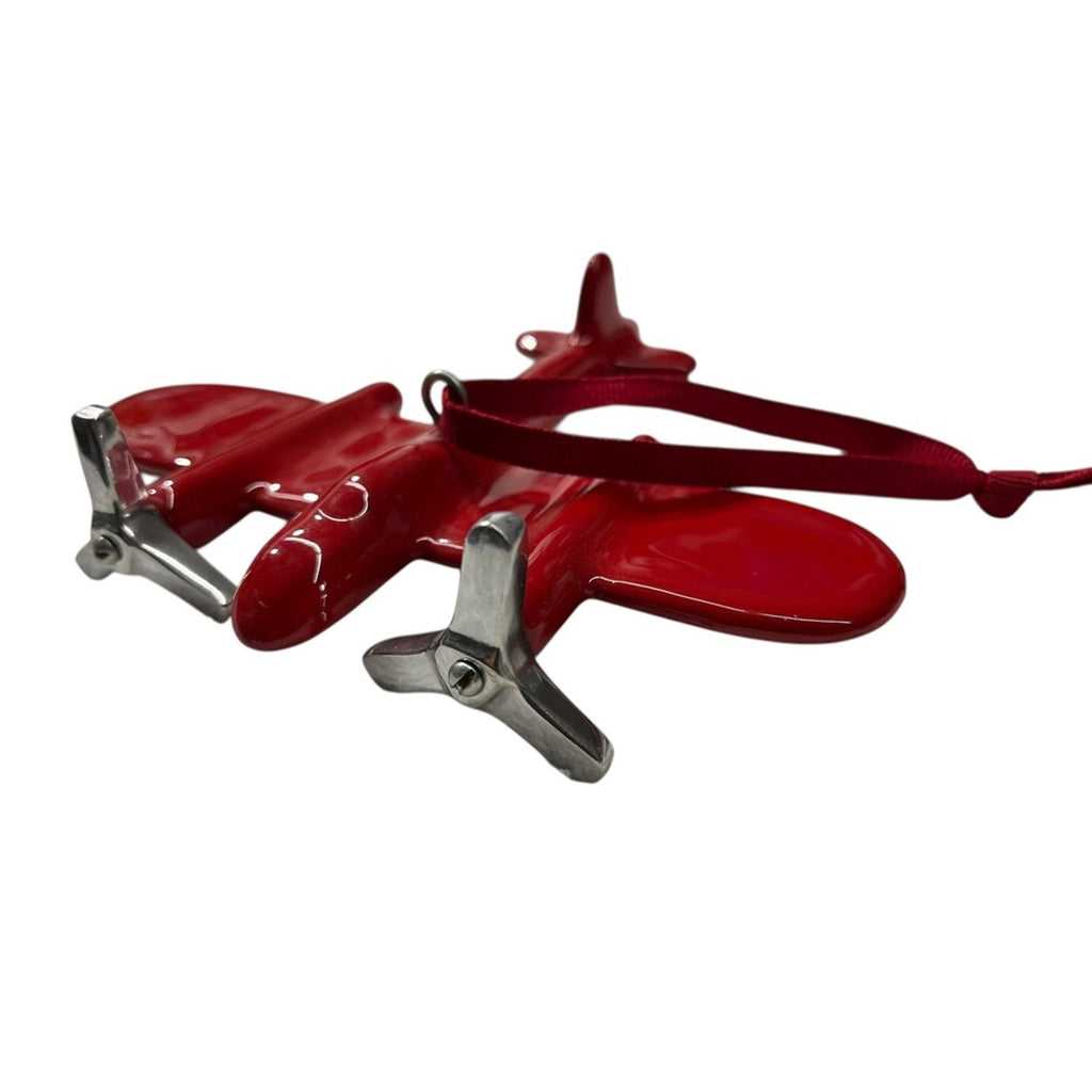 Red Biplane Ornament Metal Propellers Hanging Loop For Christmas Tree Decor