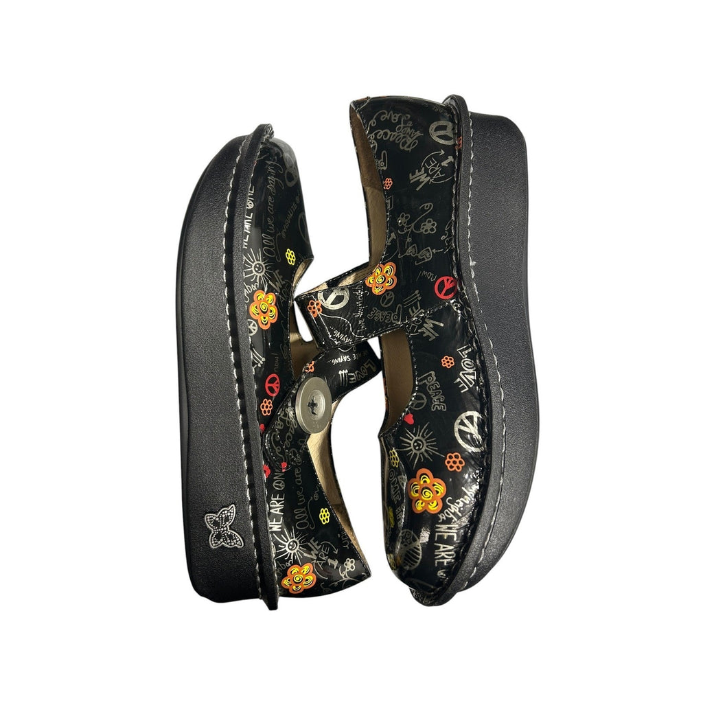 Alegria Paloma Black Peace Love Doodle Leather Mary Jane Clogs Shoes Womens 38
