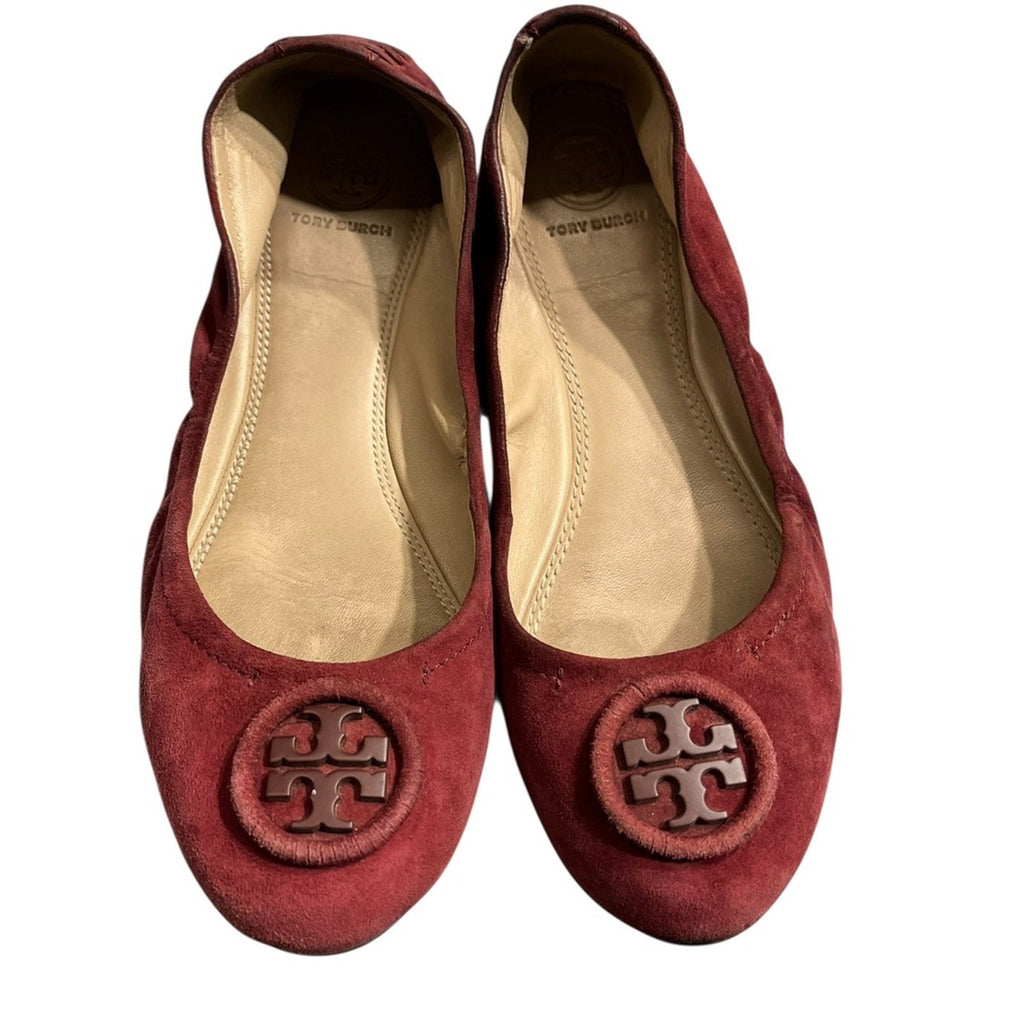 Tory Burch Burgundy Suede Ballet Flats Women's Size 7 Embellished Logo