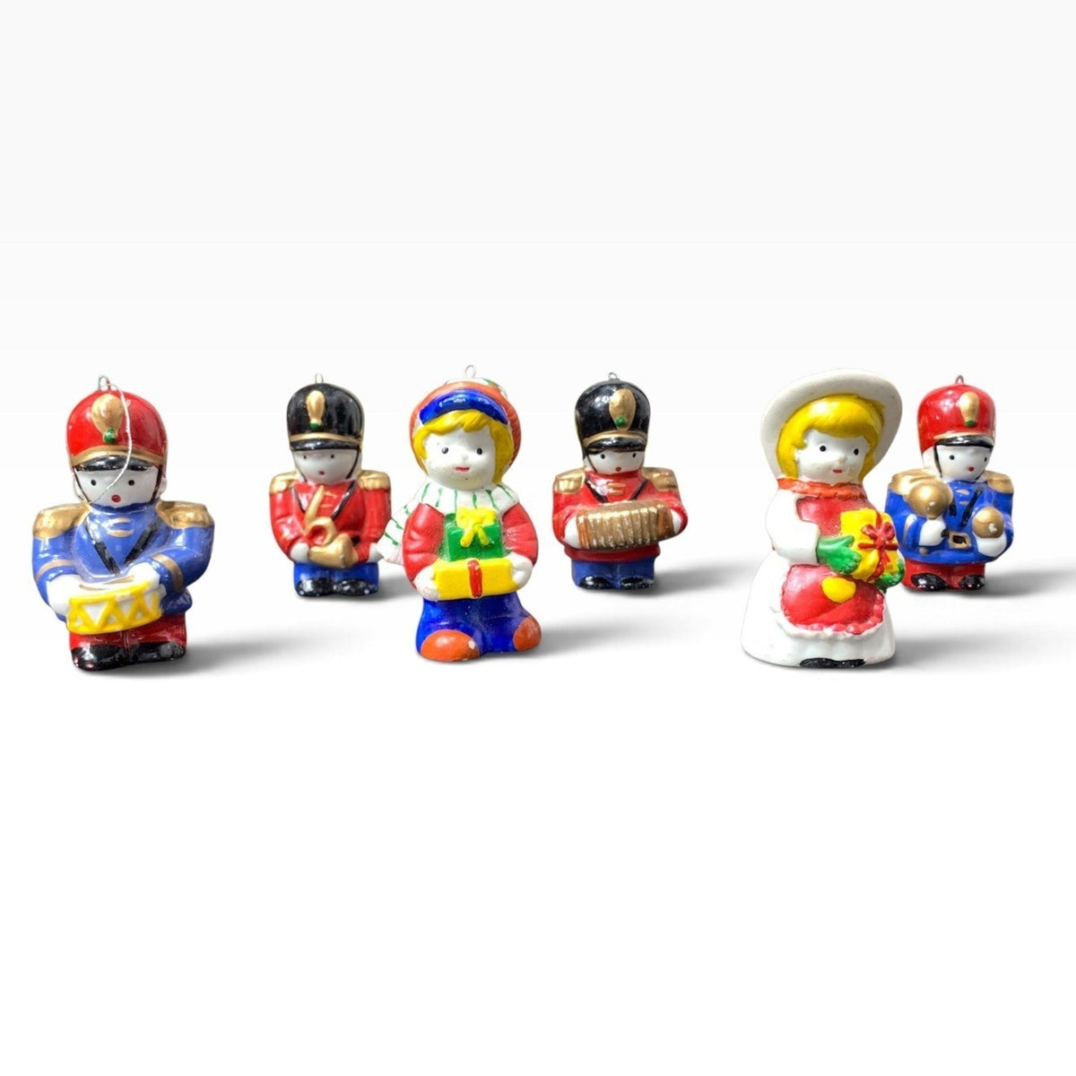 Vintage Christmas Ceramic Toy Soldier Marching Band Ornaments Set of 6 Multi