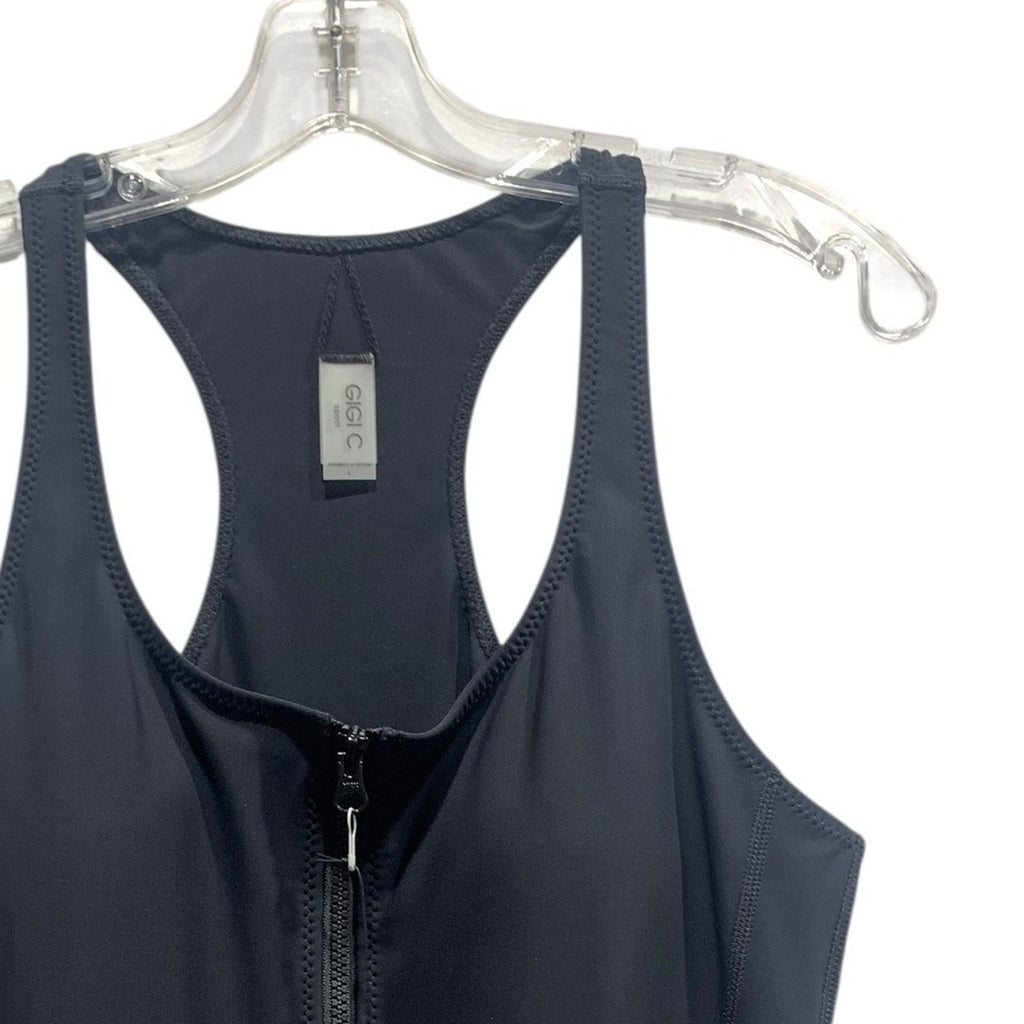 GIGI C Sport Womens Black Laser Cut Front Zip Racerback Activewear Jumpsuit L