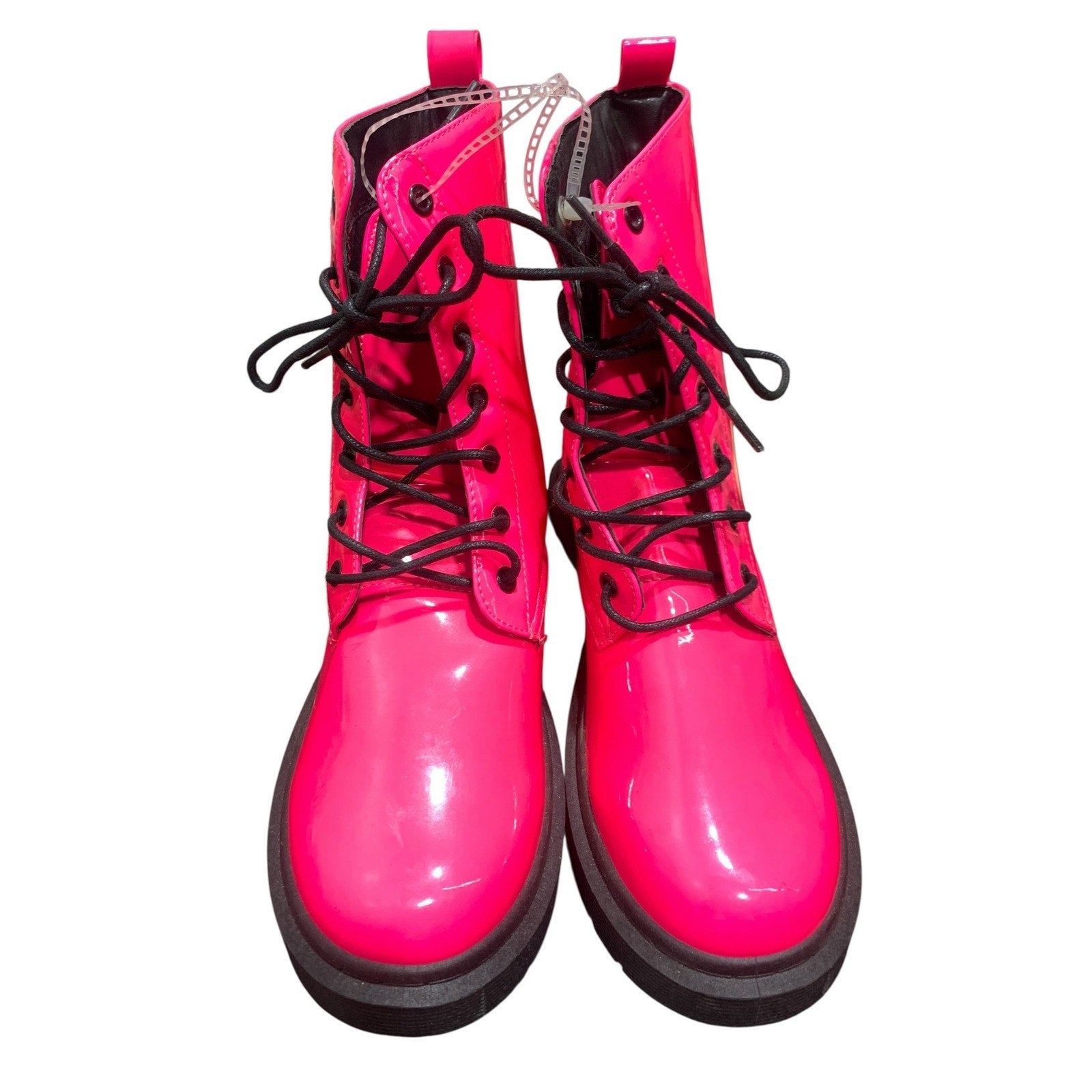 Wild Diva Womens Neon Pink Patent Lace Up Combat Boots Lug Sole Size 8