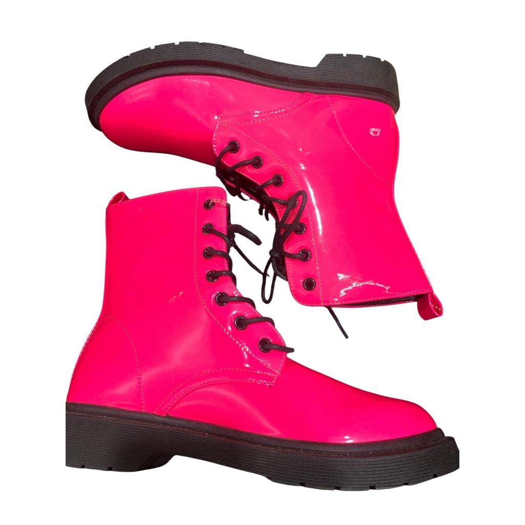 Wild Diva Womens Neon Pink Patent Lace Up Combat Boots Lug Sole Size 8