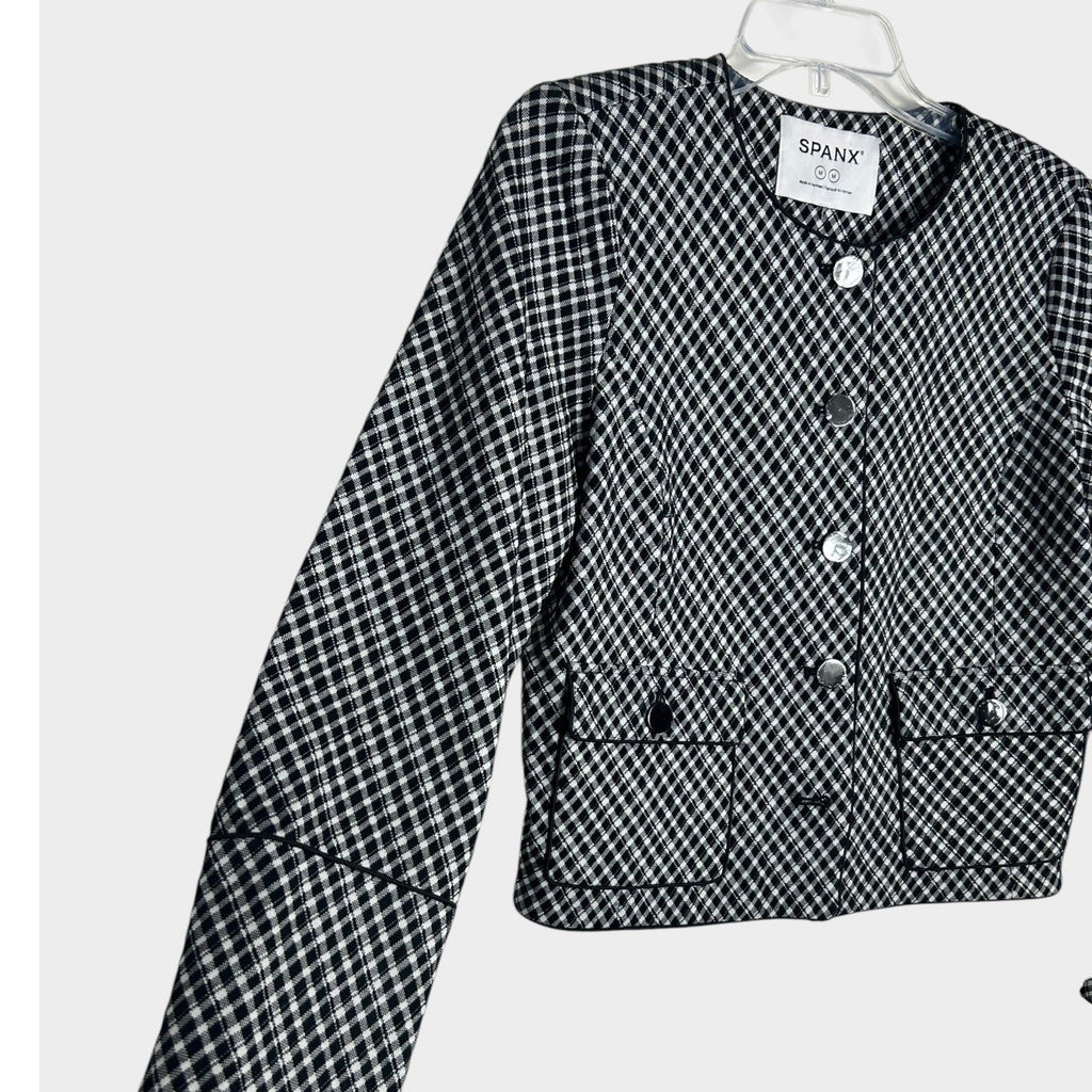 Spanx Ponte Black White Gingham Button Front Jacket Blazer Medium career preppy