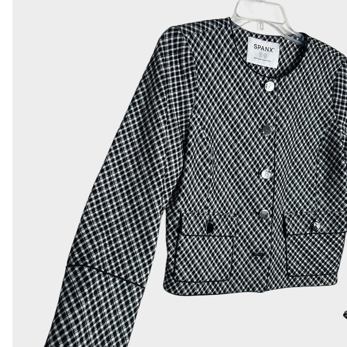 Spanx Ponte Black White Gingham Button Front Jacket Blazer Medium career preppy