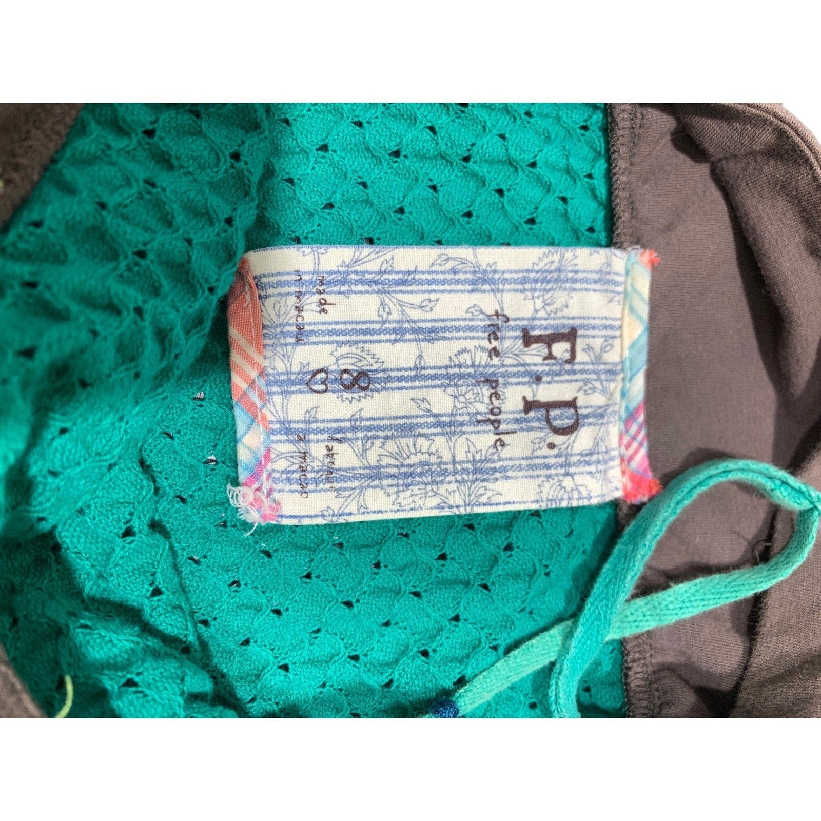 Free People Green Brown Quilted Mini Dress Boho Strappy Empire Waist Size 8