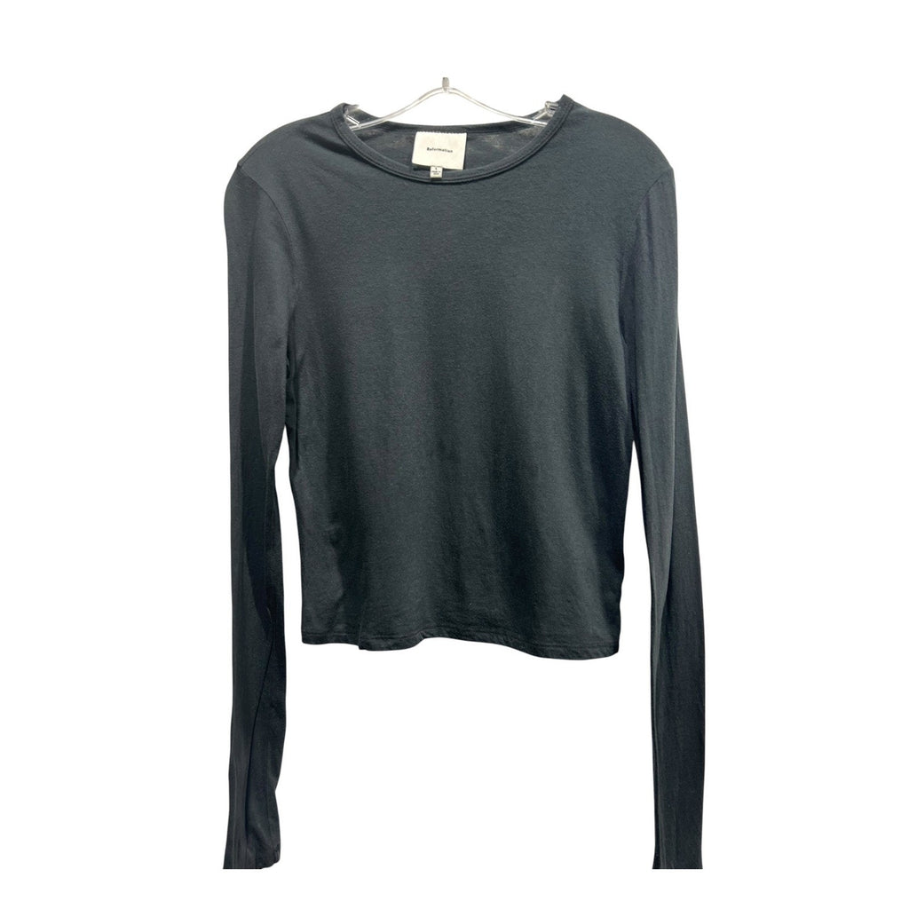 Reformation Women Black Long Sleeve Crewneck Crop Top Made in USA Slim Fit Large