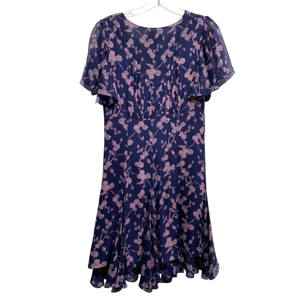 Cinq a Sept Floral Annali silk Dress Womens Dress Sz 8 Tie Front Flutter Sleeve