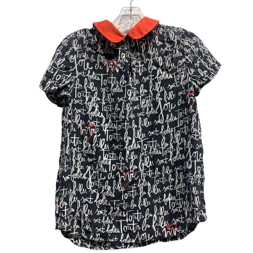 Kate Spade Toutes les Filles sont Folles Script Blouse Navy Red Collar Size 4