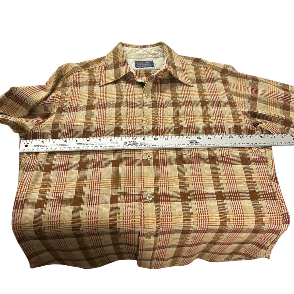 Vintage Pendleton Wool Plaid Flannel Shirt Mens Large Brown Tan Made in USA work