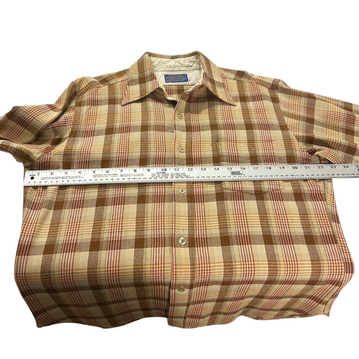 Vintage Pendleton Wool Plaid Flannel Shirt Mens Large Brown Tan Made in USA work