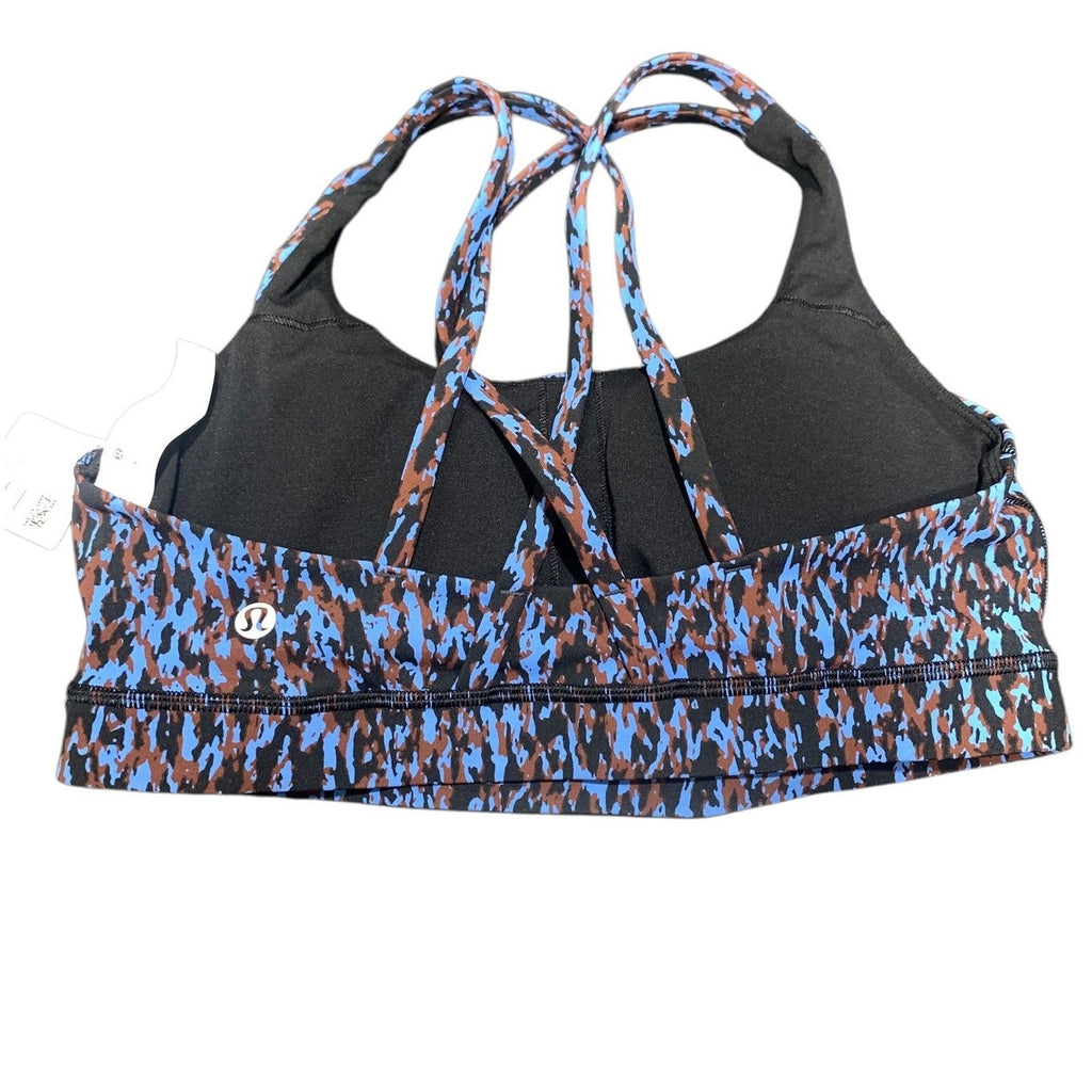 Lululemon Energy Bra Blue Brown Camo Strappy Sports Bra LW2BKBS Size 8