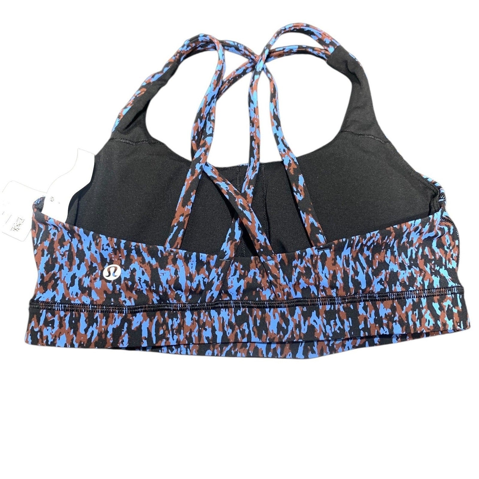 Lululemon Energy Bra Blue Brown Camo Strappy Sports Bra LW2BKBS Size 8