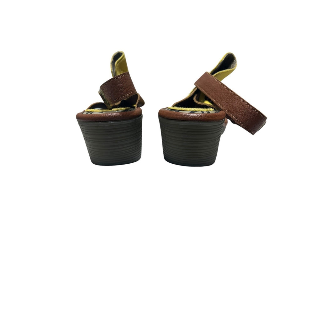 Fly London Yate Yellow Brown Leather Slingback Peep Toe Block Heel Sandals 39