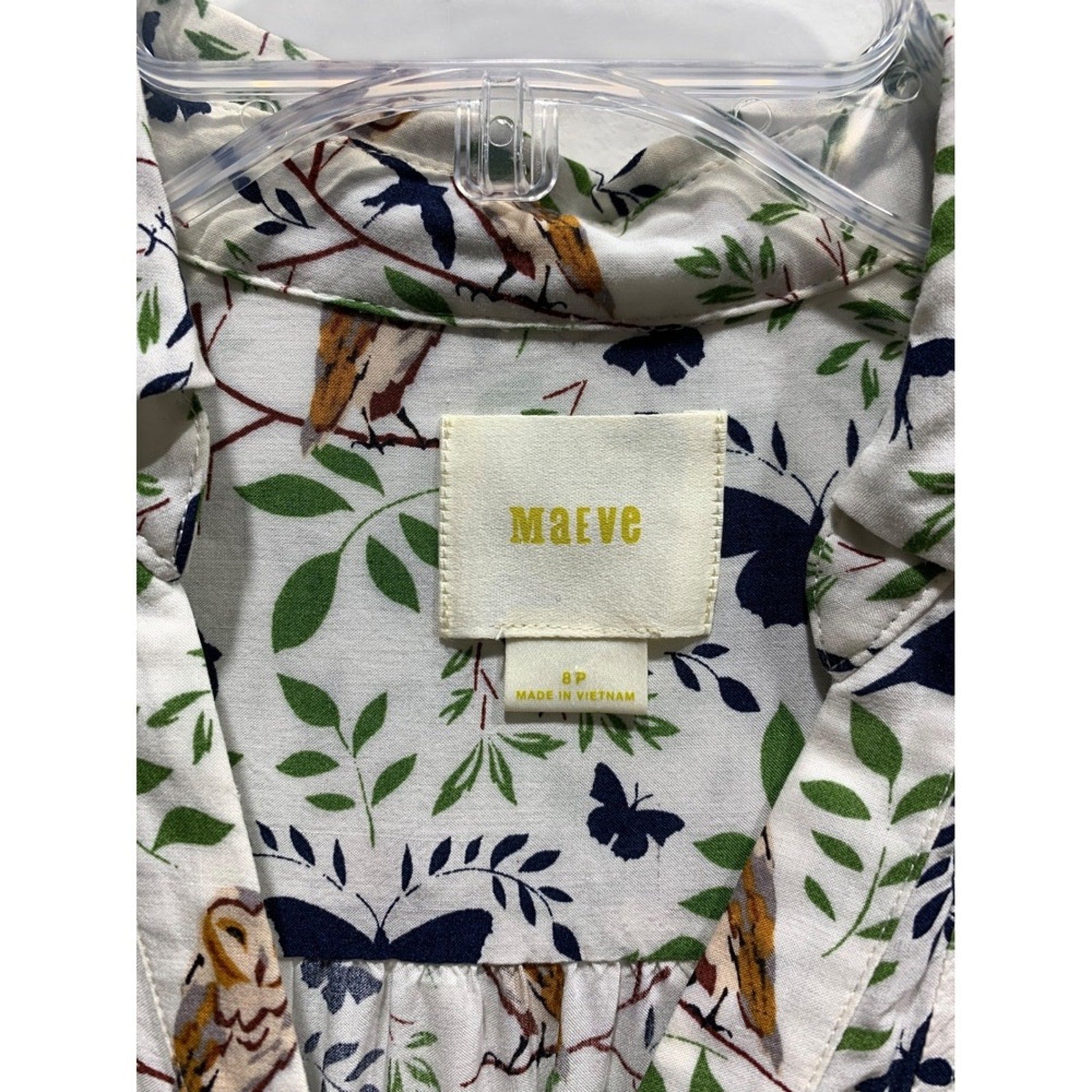 Anthropologie Maeve Woodland Walk Owl Butterfly Print Button SZ 8P