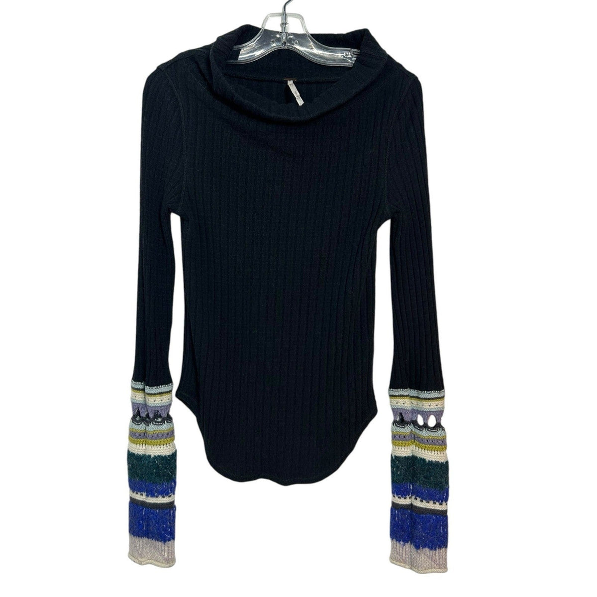 Free People Mixed-Up Cuff Crochet Thermal Sweater Black Cowl Neck Ribbed Top XS