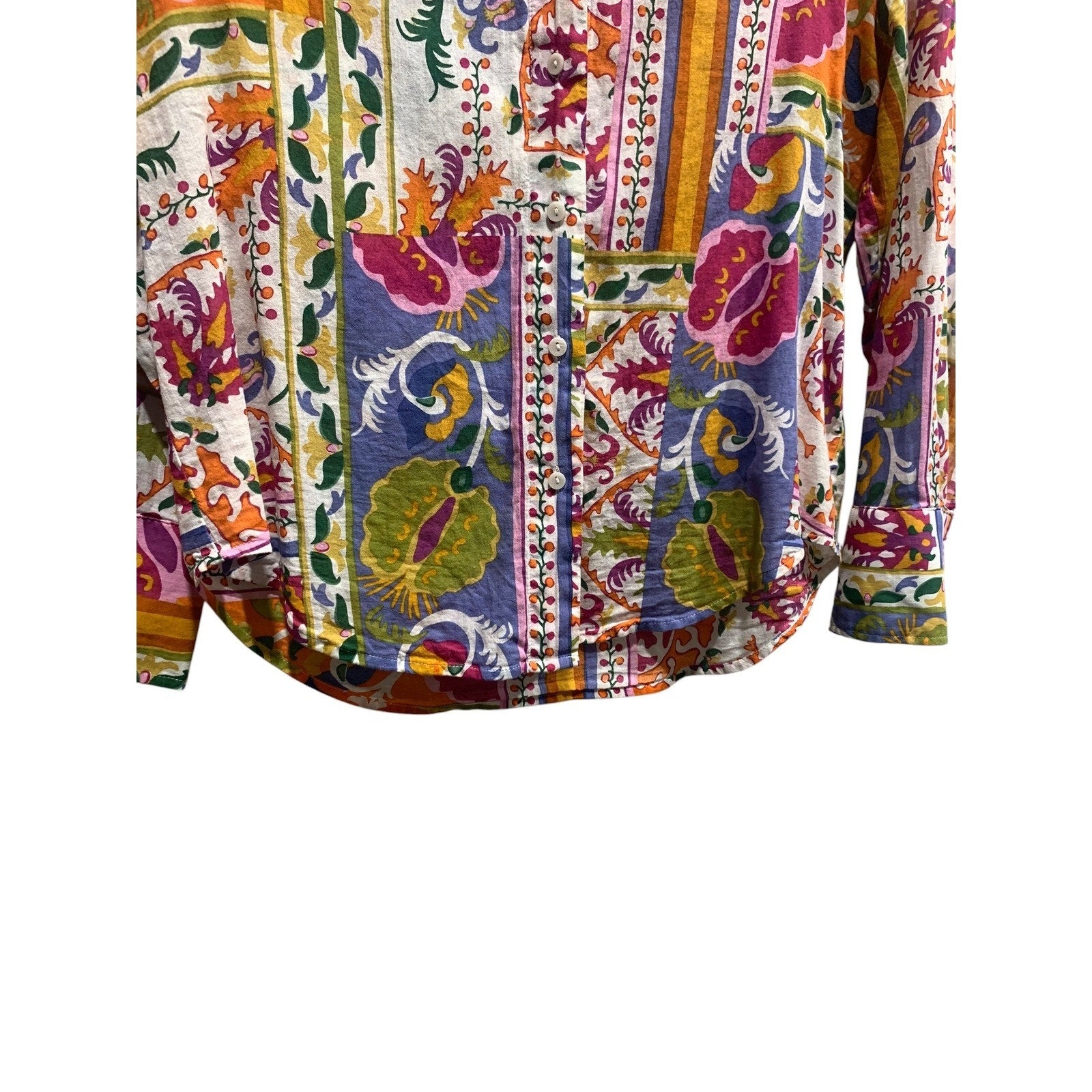 Calypso St Barth Womens Patchwork Floral Button Down Shirt Multicolor Boho Small
