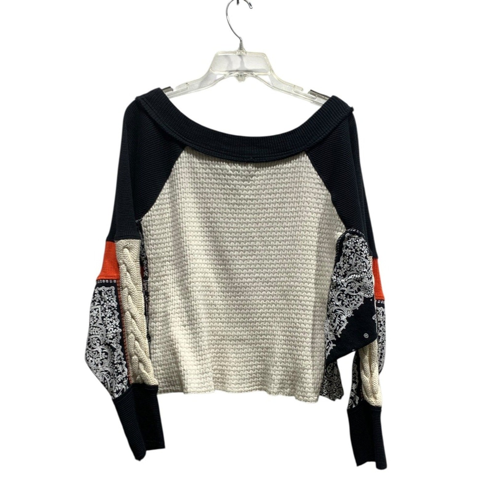 Free People Patchwork Waffle Knit Off Shoulder Long Sleeve Sweater Top Women