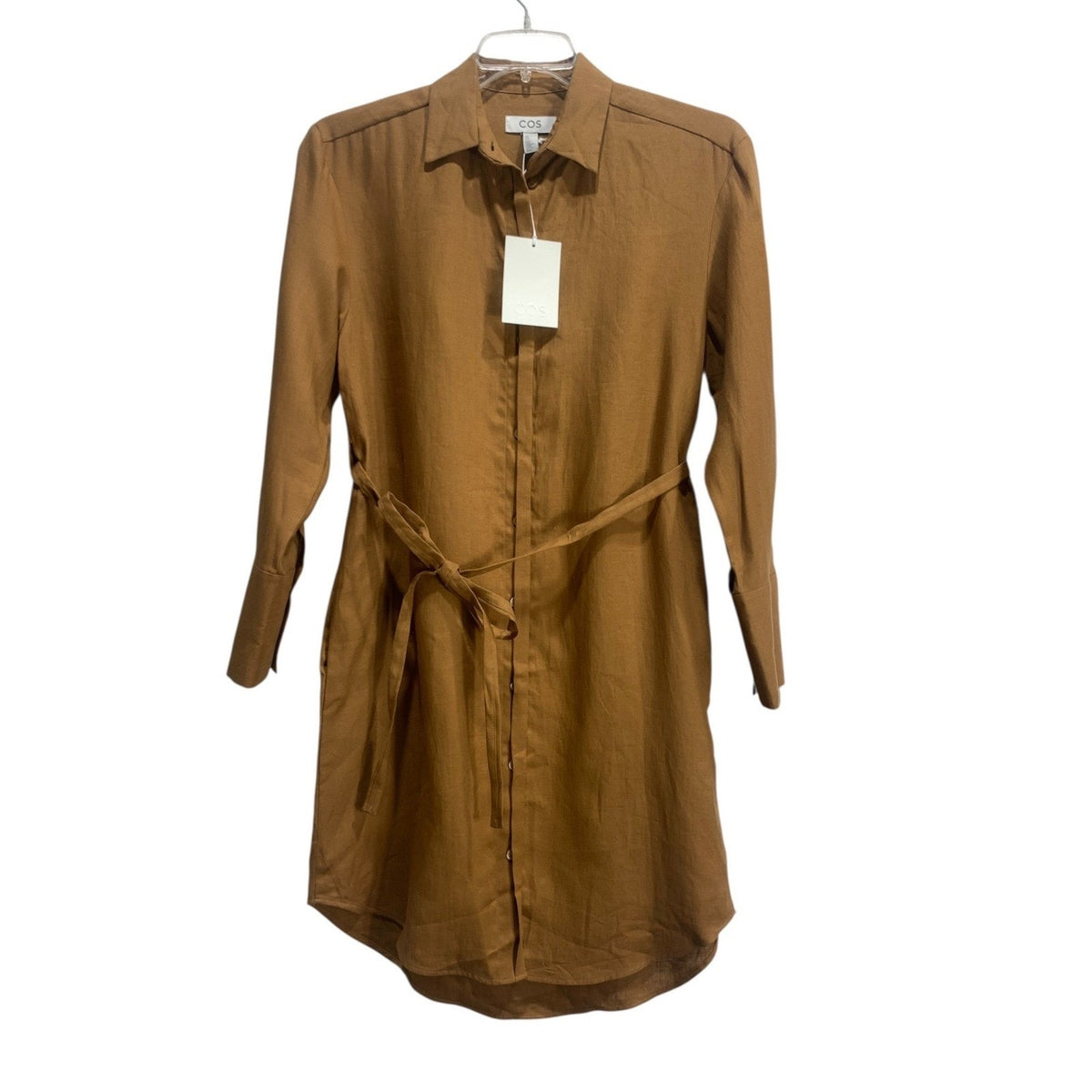 COS Womens 100% Linen Belted Shirt Dress Brown Long Sleeve Size 2 fall