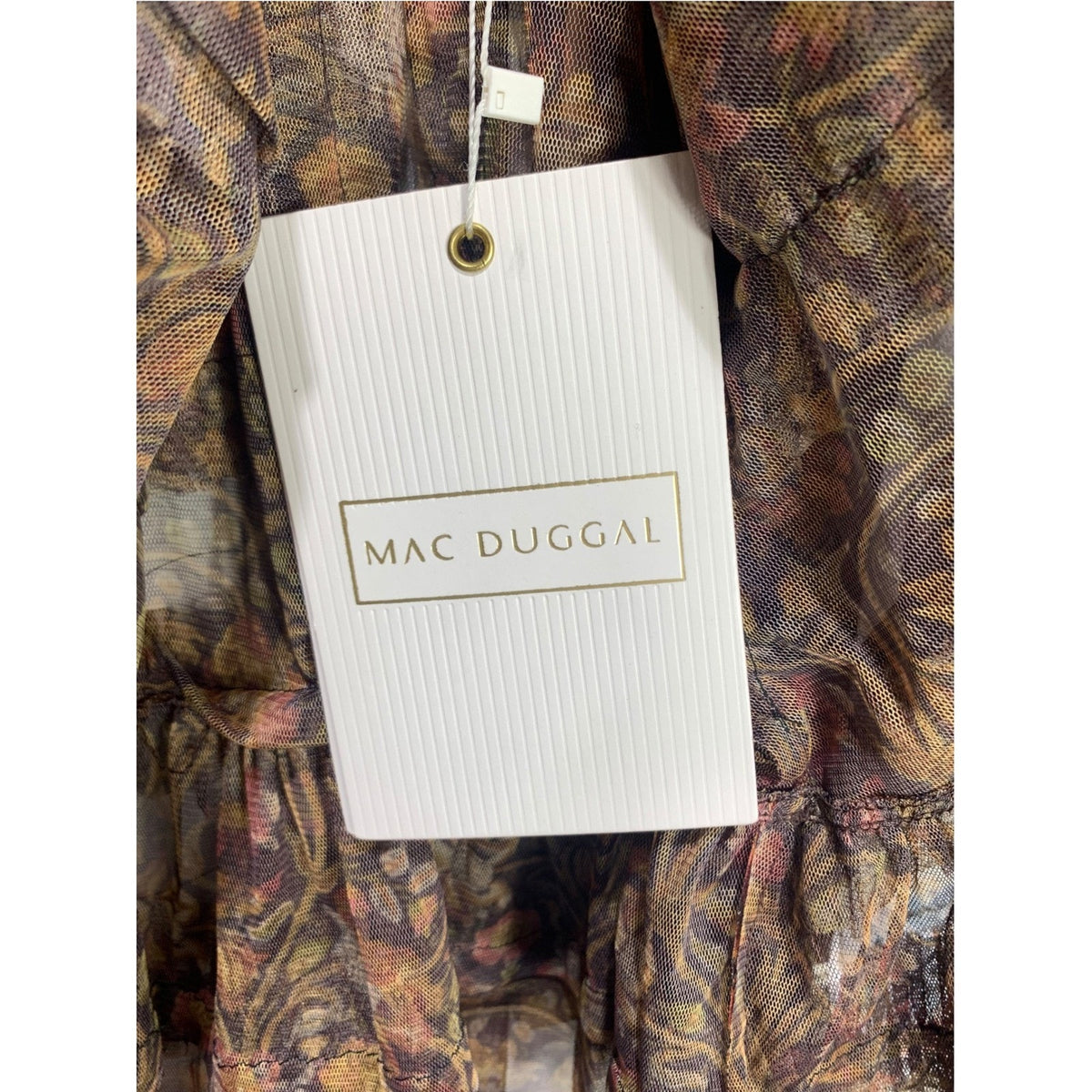 Mac Duggal Floral Print Long Flare Sleeve Mesh Ruffle Tiered A-Line Dress 8 fall