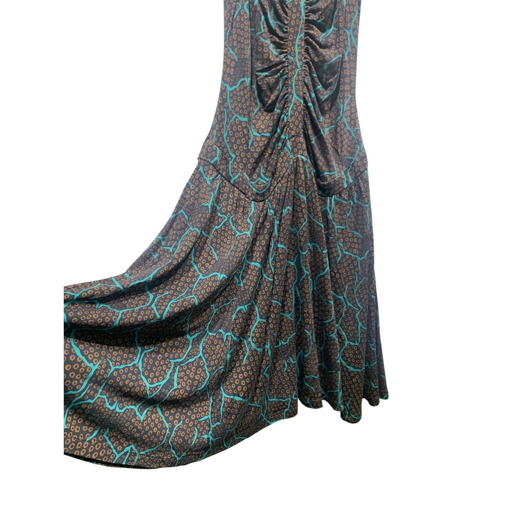 Diane von Furstenberg Silk Midi Dress Brown Blue Print Ruched Strap sz 2