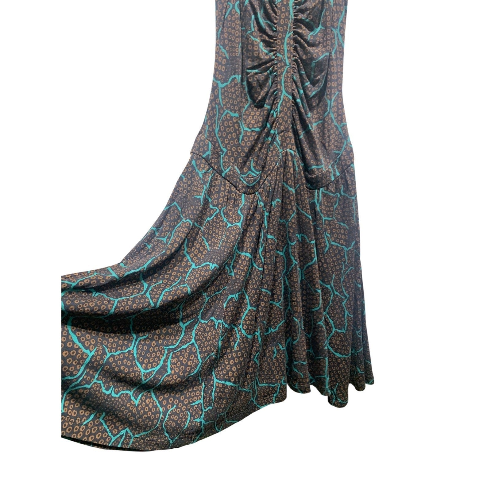 Diane von Furstenberg Silk Midi Dress Brown Blue Print Ruched Strap sz 2