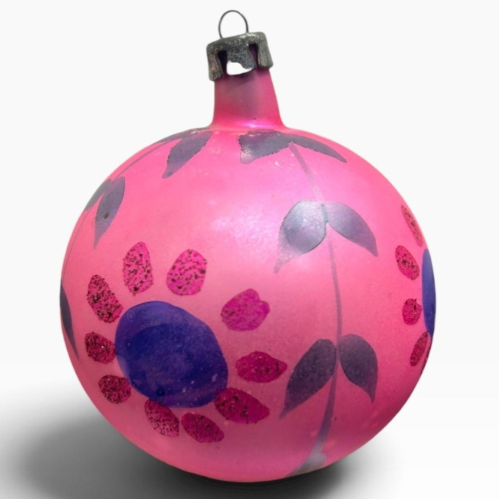 Vintage Poland Pink Glass Christmas Ornament Hand Painted Floral Glitter 2.5"