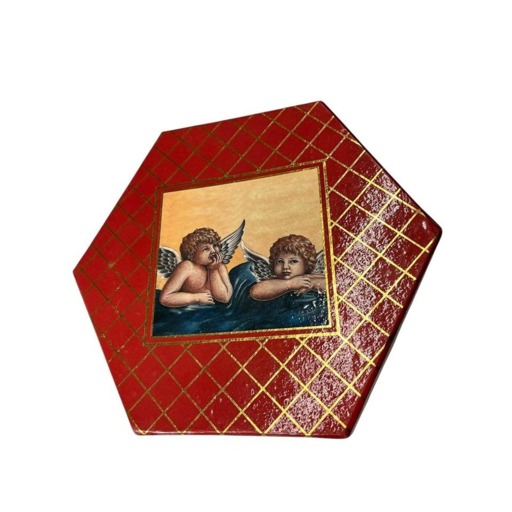 Vintage Angel Cherub Hexagonal Keepsake Box and Ornaments Red Gold