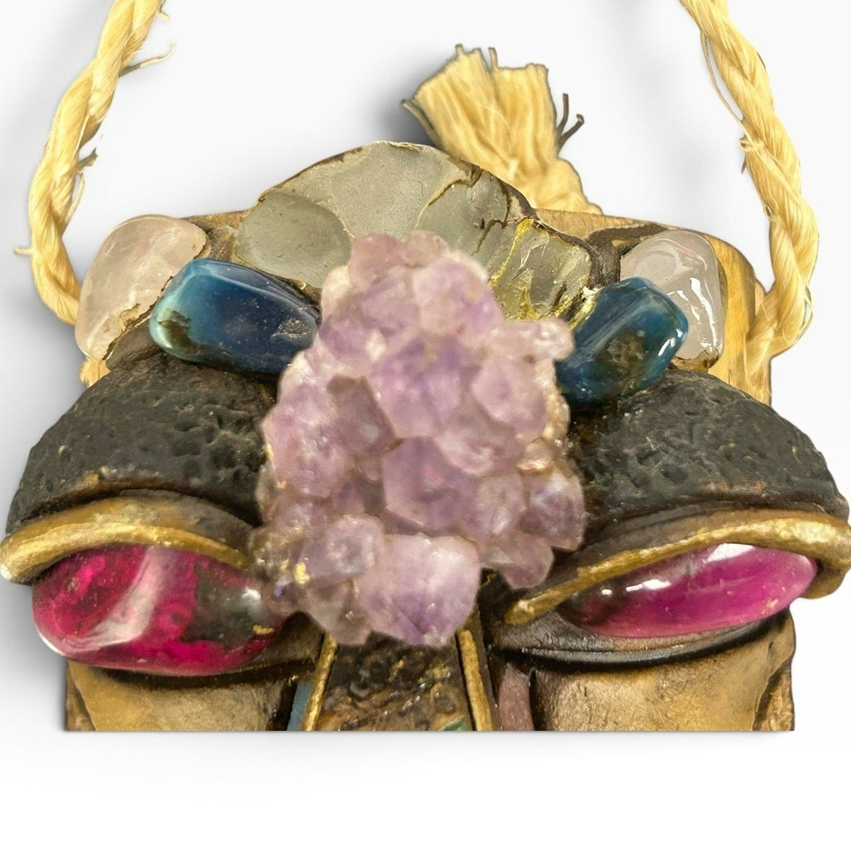 Vintage Brazilian Bamboo Mask with Amethyst and Gemstones Folk Art Wall Decor 6"