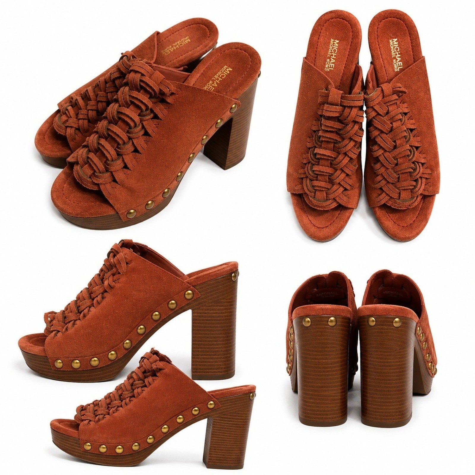 Michael Kors Terracotta Suede Woven Studded Platform Clog Sandals 5.5M PW16F